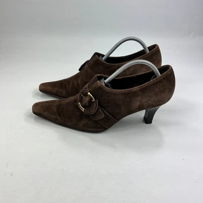 Tacones de gamuza marrón Gabor para mujer Reino Unido 7 hebillas acento tacón medio cómodos punta puntiaguda Foto 1 de 4