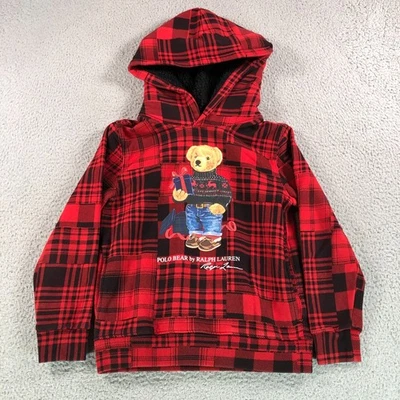 Polo Ralph Lauren Hoodie Kid 7 Red Black Plaid Bear Sherpa Hood Christmas Fleece - Image 1 of 4