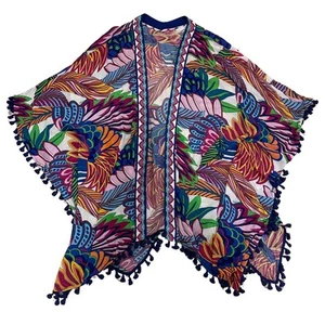 Trina Turk Paradise Plume Kimono Cover-Up OS | Tropical Tassel Trim, Bold Print - Picture 1 of 5