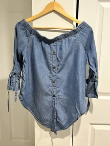 Top para mujer HAUTE MONDE con botones fuera del hombro con corbatas Tencel suave talla S azul - Imagen 1 de 11