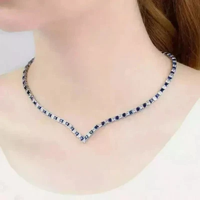 20Ct Princess Lab Created Sapphire Diamond Tennis Necklace 14K WhGold Plated 18" - Image 1 of 3