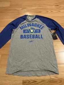 Nike MLB Milwaukee Brewers Tri-Blend 3/4-Sleeve T-Shirt Sz M NC44 Men’s NWT - Picture 1 of 6