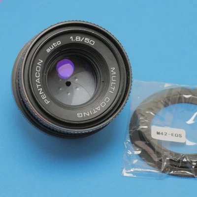 Pentacon 50mm f1.8 M42 screw mount slr camera prime lens + Canon EOS EF adapter - Image 1 of 4