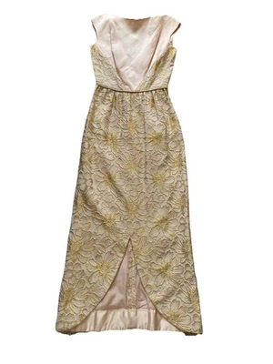Vestido longo vintage década de 1960 bordado floral cetim rosa dourado bainha XS/S - Imagem 1 de 4