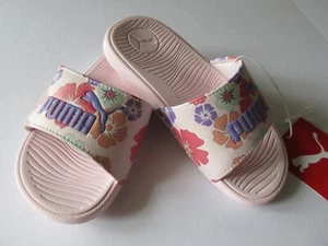 Puma Cool Cat Junior Mädchen Slide Flip Flop Pink Floral Lavender Puma Logo Neu mit Etikett - Bild 1 von 4