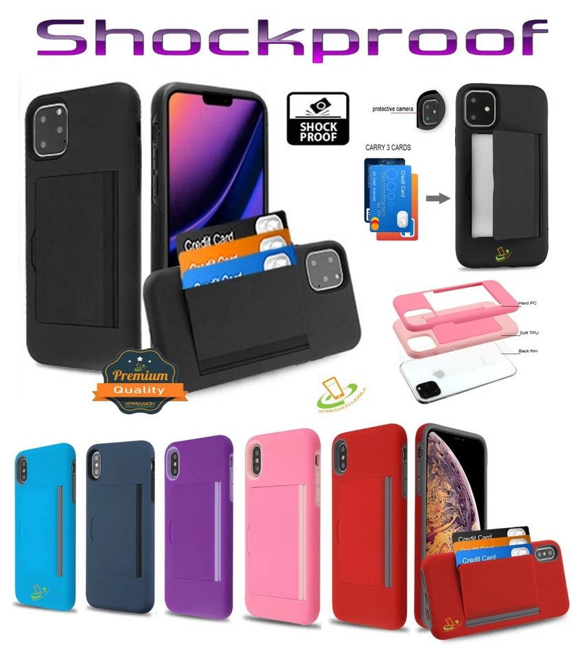 For Motorola Moto E Wallet Case 3 Cards Holder Rubber Protective Hybrid Cover - Image 1 of 4