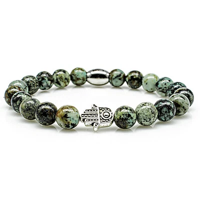 African Türkis Armband Bracelet Perlenarmband Fatima Hand grün 8mm Edelstahl  - Bild 1 von 2