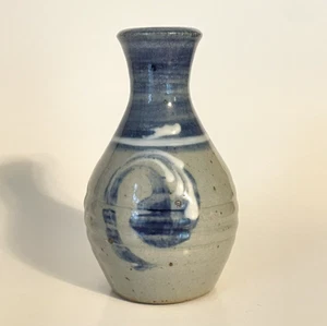 Blue Glazed Pottery Bud Vase Studio Art Artisan Signed 5" - Picture 1 of 7