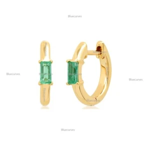 Solitaire Baguette Cut Emerald Huggies Hoops Earrings In 14K Yellow Gold Jewelry - Picture 1 of 8