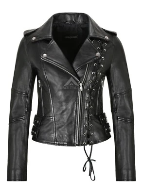 Ladies Biker Jacket Side Laced Stylish Real Leather Gothic Slim Fit Jacket 9755 - Image 1 of 4