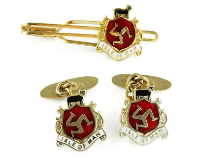 Isle of Man Cufflinks Set wtih Tie Bar Clip MP Enamel Loose Cuff Links England - Image 1 of 3