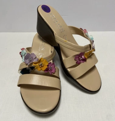 Italian Shoemaker Wms Sandal 8.5M Tan Slide Mule 2.75" Heel Boho Multi Flowers - Image 1 of 4