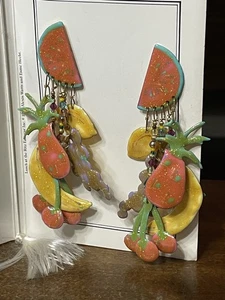 LUNCH AT THE RITZ "Tijuana" Earrings on Menu Card 1988 Coral, Yellow & Purple - Picture 1 of 9