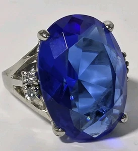 Large Cobalt Blue Faceted Glass Cocktail Statement Ring CZ Accents Sz 6.5 (J2) - Picture 1 of 7
