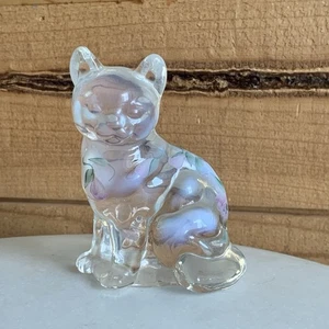Fenton MCM Glass Cat Hand Painted With Flowers Floral Design Opalescent 3.5" - Picture 1 of 8
