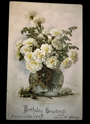 1907 UDB Postal Artista Paul de Longpre Flores en Jarrón Felicitaciones de Cumpleaños ~ k376 Foto 1 de 2