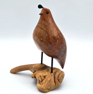 John Bennett Hand Carved Redwood Quail Bird on Drift Wood Sculpture Signed 6.5" - Picture 1 of 16