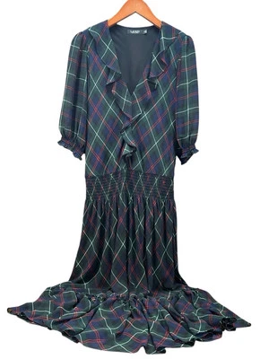 Lauren Ralph Lauren Plaid Georgette Dress 16 Color Polo Black Multi Blk Label - Image 1 of 4