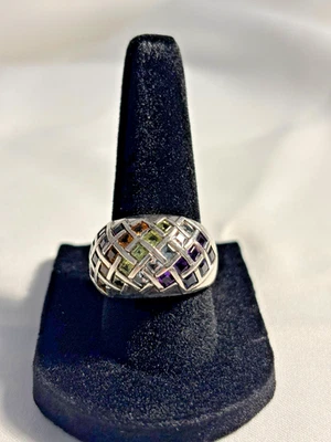 925 STERLING SILVER MULTI-COLOR GEMSTONE WOVEN LATTICE DESIGN SIZE 8 RING - Image 1 of 4