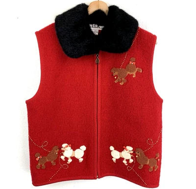 VTG Lisa International Dog Poodle Boiled Wool Red Vest Zip Sz L Faux Fur Collar - Image 1 of 4