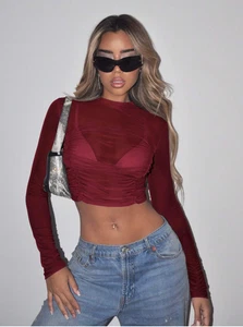 ICON Mock Neck Ruched Mesh Perspective Crop Top Without BH Gr. XXS XS S M L - Bild 1 von 6