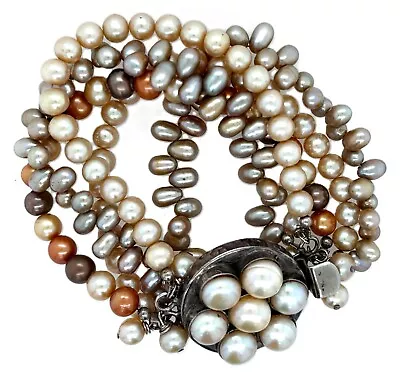 OOAK Sterling Silver 925 5 Strand Shades of Champagne Brown Pearl 7.5" Bracelet - Image 1 of 4