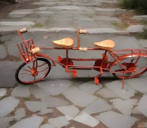 Vintage Metal Folk Art Tandem Bicycle Model Red Bike 25"x9.5" Working Pedals - Picture 1 of 18