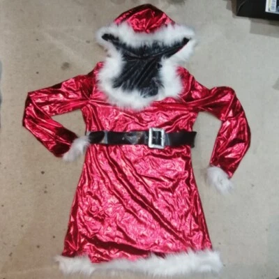 Mrs Claus Sexy Santa Outfit With Hood Red Metallic Fur Trim Size L - Image 1 of 4