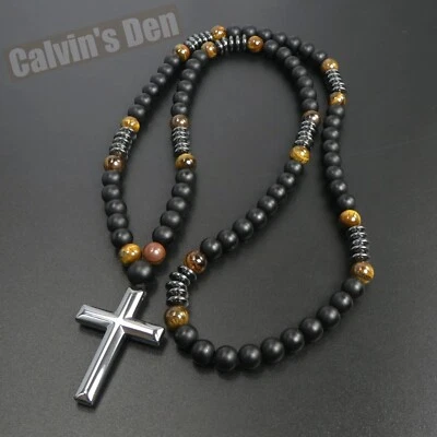 Black Obsidian Tiger Eye Black Hematite Cross Pendant Necklace Men Women Gift - Image 1 of 4