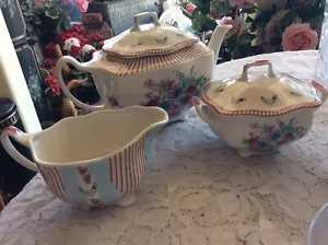Johnson Brothers Silky Stripe Farmhouse Chic Lot Of Teapot Creamer & Sugar Bowl - Picture 1 of 12