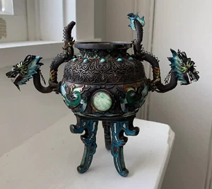 Antique Silver Jade Turquoise China Chinese Dragon Enamel Burner Urn 278 Gms - Bild 1 von 24
