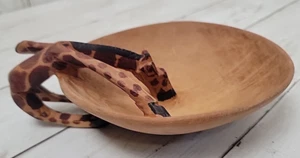 Vintage Giraffe Drinking Water Wood Bowl/Trinket Dish Hand Carved African Art - Picture 1 of 9
