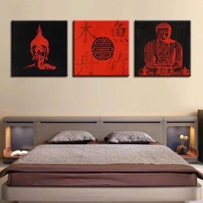 Póster de arte de pared con impresión en lienzo de 3 piezas de Buda negro rojo decoración del hogar Foto 1 de 4