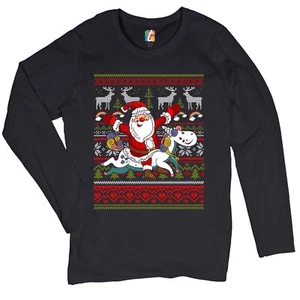 Santa Claus Riding a Unicorn Women's Long Sleeve T-shirt Christmas Ugly Sweater - Picture 1 of 29