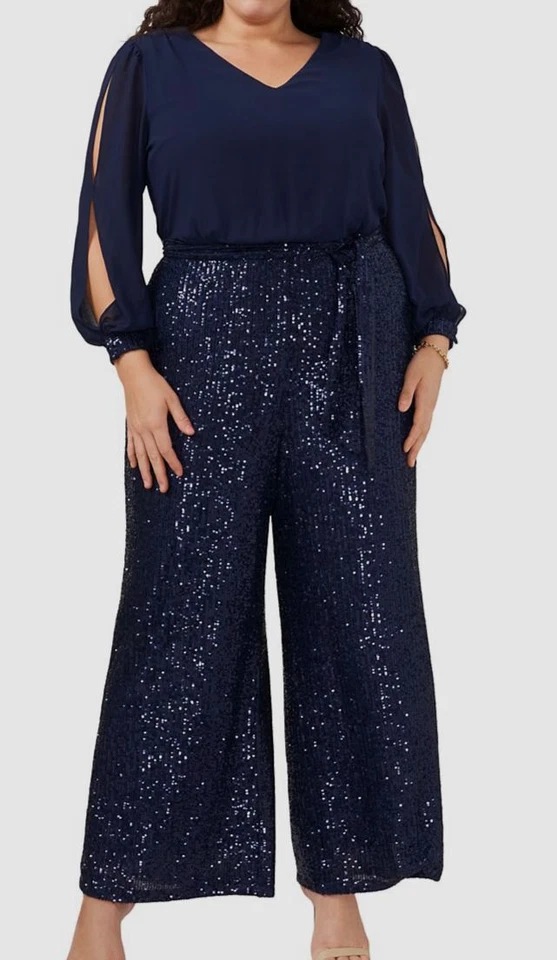 MSK Women Blue Sequined Split-Sleeve Jumpsuit Plus Size 2X