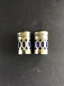 Kobaltblau Glas Versilbert Kleine Salz & Pfefferstreuer 2" Vintage - Bild 1 von 3