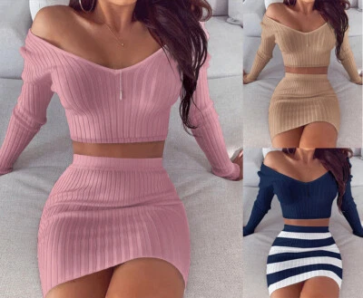 Women Ladies Casual Bodycon Knit Sweater Top + Mini Dress Skirt Set Party Club - Image 1 of 4