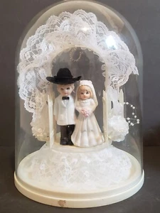 Vintage Western Cowboy & Cowgirl Wedding Topper In Cloche Dome - Picture 1 of 6