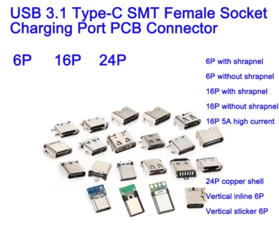 USB 3.1 Type-C SMT Female Socket Charging Port PCB Connector 6Pin 16Pin 24Pin - Image 1 of 4