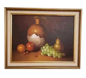Elegant Still Life with Vase, Grapes, and Assorted Fruits - Signed Oil Painting - Picture 1 of 9