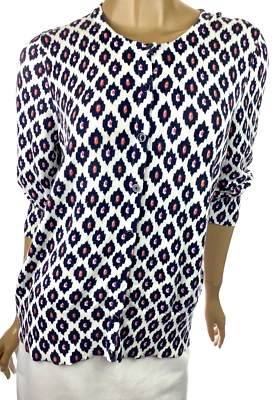 Foxcroft Cardigan Sweater Sz M 3/4 Sleeve White w/Navy & Red Design Button Front - Image 1 of 4