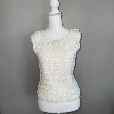 Express Tricot Vintage 90s White Crochet Sweater Womans M Vest Boho Ramie Cotton - Image 1 of 4