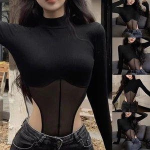 Womens Unique Casual Top Long Sleeve Bodysuit with Fashionable Mesh Design - Picture 1 of 60