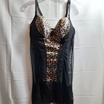Lencería Babydoll Y2K Negra Encaje Leopardo Talla Grande 2X Transparente Sexy Coqueta Hada Foto 1 de 4