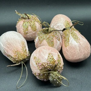 Velvet Beaded Sugared Christmas Ornaments Fruit Apples Pears Pink/Gold - Bild 1 von 8