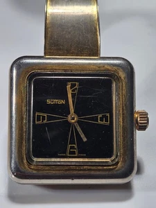 Reloj Sutton Vintage Hecho en Suiza 101.001 Cuadrado Esfera Negra Banda Tono Dorado - Imagen 1 de 8