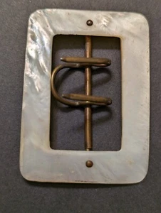Vintage Antique Mother of Pearl Boho Rectangular Shell Belt Buckle w Brass Claw - Picture 1 of 5