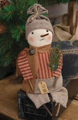 NUEVO MUÑECO MUÑECO DE NIEVE PRIMITIVO THOM Navidad 14"L x 5" W x 3"D Invierno Tela Rústica Foto 1 de 2