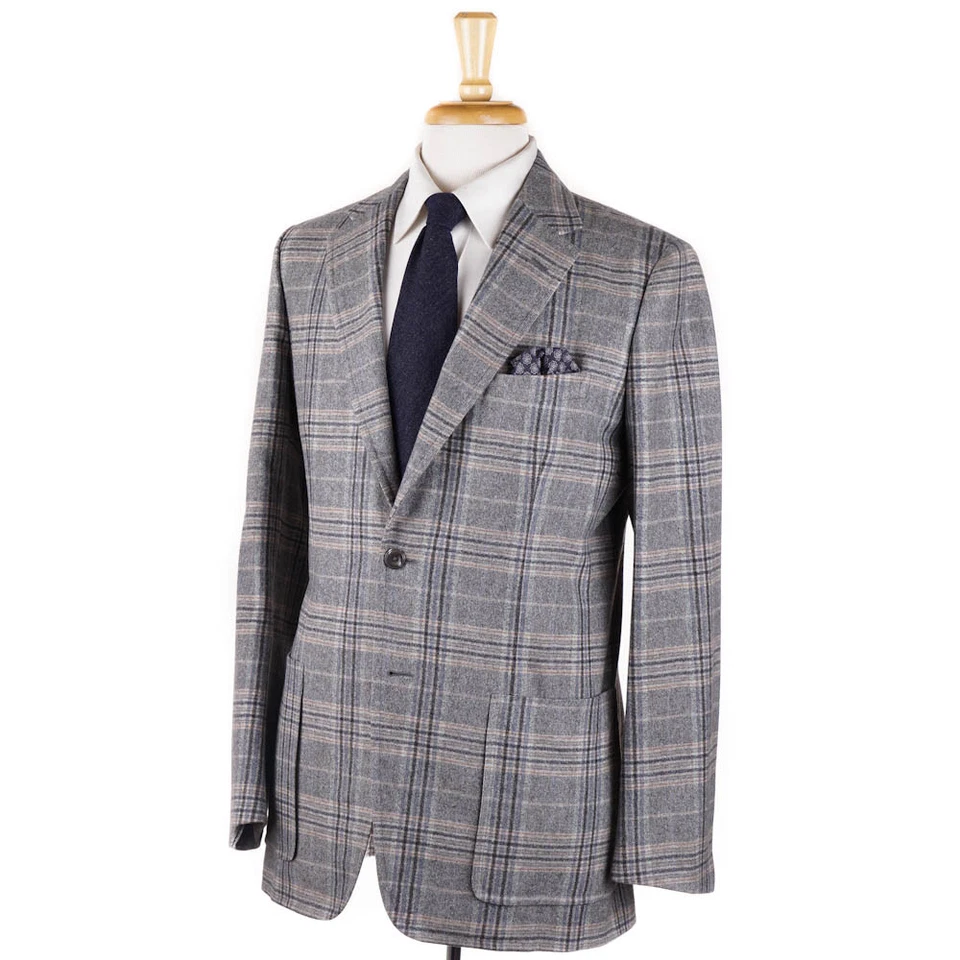 NUEVO CON ETIQUETAS $4295 D'AVENZA Traje de Lana-Cachemira a Cuadros Gris Construcción Suave 40 R Foto 1 de 4