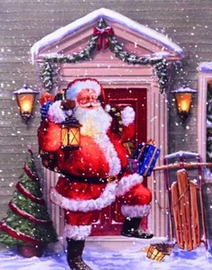 Santa Claus Canvas 3-LED Lights Christmas Painting Holiday Wall Decor 17.13"  - Picture 1 of 8